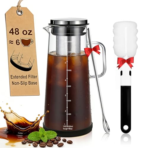 Carrottimes Cafetera Cold Brew De 1,4 L 48 Oz Con Mango, Filtro De Acero Inoxidable Extendido Para Extracción Profunda, Jarra De Té Helado Con Base Antideslizante, Incluye Cepillo De Limpieza Y
