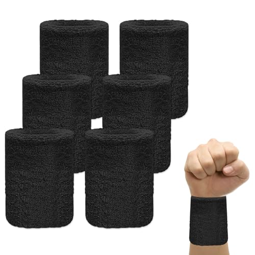 Wrist Sweatbands for Men & Women 6pcs Breathable Wrist Sweat-Absorbing Strap Tennis Wristbands Sports Wrist Towel for Football Basketball Working Out & Running Athletic Sports (Black)