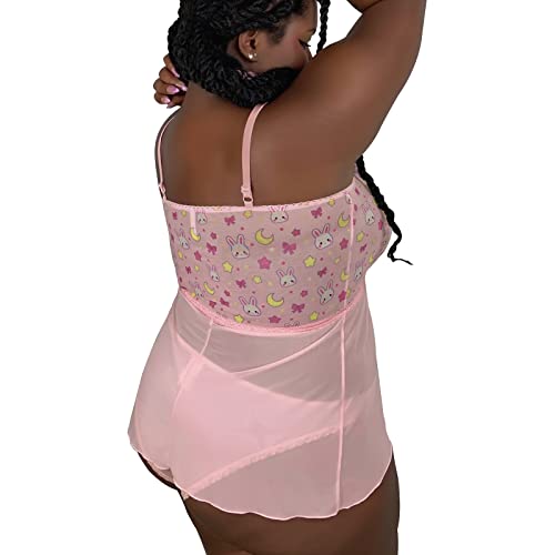 Littleforbig Women Nightwear Lace Babydoll Strap Chemise Halter Lingerie V Neck Sleepwear - Usagi Moon Teddy Friends
