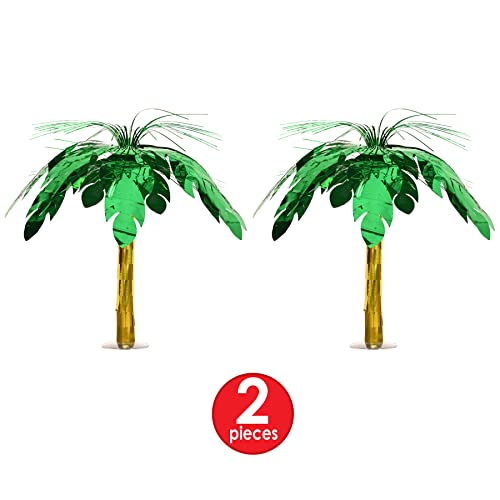 Beistle 2 Piece Metallic Plastic Palm Tree Cascade Centerpieces For Luau Hawaiian Theme Birthday Party Supplies Jungle Safari Decorations, 18", Green/Gold #TOP2