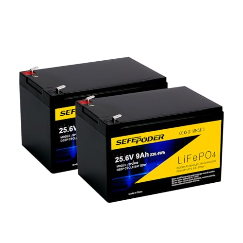 SEFEPODER 24V 9Ah Lithium LiFePO4 Deep Cycle Battery 2 Pack 3000+ Cycles Rechargeable Battery for Lighting Scooter UPS(600W or Less) 24V Power Wheels and More with Built-in 30A BMS