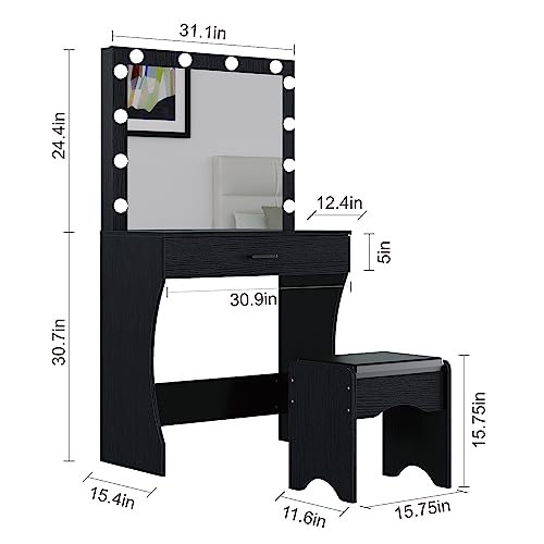 Image of Panana Vanity Desk with Mirror and Lights, Black, Medium Size, Tabletop Mount, Makeup Vanity Table with Stool, Bedroom