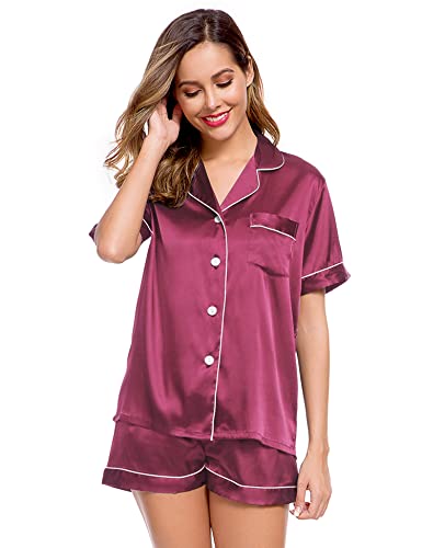 Image of LecGee Womens Silk Satin Pajamas Short Sleeve Loungewear Two-Piece Sleepwear Button-Down Pj Set