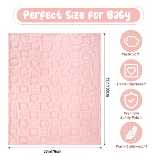 Plush Soft with Heart Checkered Baby Blanket,Fleece Infant Toddler Blankets for Girls Boys,Warm Lightweight Breathable Newborn Receiving Blankets for Crib Stroller 30"×39" (Light Pink, Heart) - Thumbnail 5