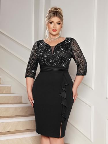 Image of MISSMAY Plus Size Lace Ruffle Cocktail Party Dress | Sequined Dress,V Neck,Ruffle Split Hem,Party Dress,Sparkle,Curvy Women,Bodycon Dress