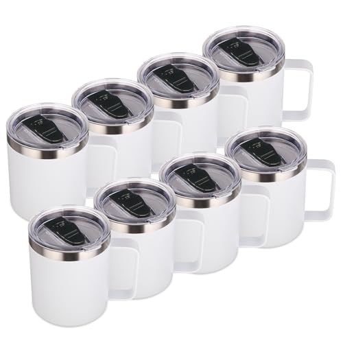 Volhoply Taza de café aislada de acero inoxidable de 14 onzas con tapa, paquete de 8 unidades, taza de café de viaje al vacío de doble pared con asa, vaso térmico de metal reutilizable, tazas de