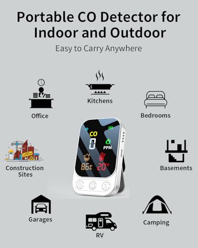 Miniatura 8 de Yereadw Detector De Monóxido De Carbono Portátil 3 En 1, Detector De Monóxido De Carbono Recargable Con Indicador De Temperatura Y Humedad, Portátil Para El Hogar, Caravana, Camping Blanco