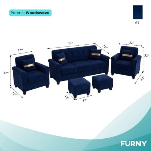 Image of FURNY Woodswave 5 Seater 3+1+1+2 Puffy Sofa Set for Living Room in Premium Velvet Finish (Dark Blue) Durable & Comfortable Ideal for Living Rooms