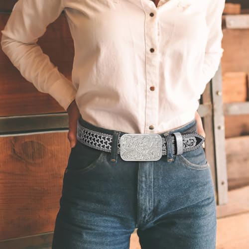 Image of Cowboy Cowgirl Belt Western Belts for Men Women Floral Engraved Longhorn Bull Buckle Belt for Jeans