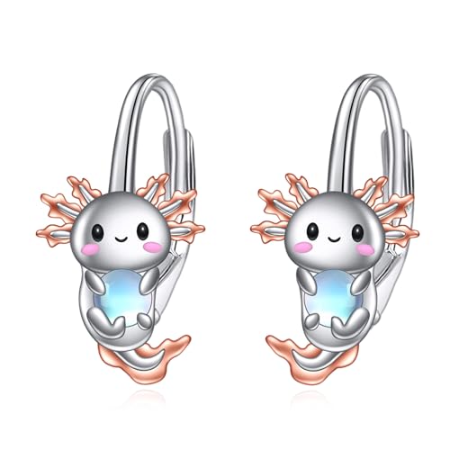Sterling Silver Cute Axolotl Dangle Earrings Small Moonstone Animal Leverback Jewelry Gifts for Women Teen