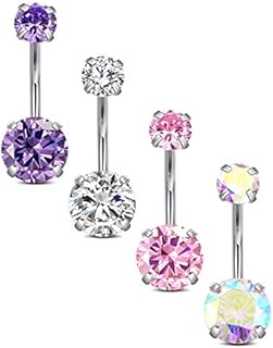 VCMART 4pcs Belly Bars Pack 6/8/10/12mm Navel Button Rings Set Stainless Steel 14G Piercing Jewellery CZ