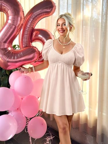 Image of Womens Babydoll Dress 2026 Summer Casual Puff Sleeve V Neck Cute Boho Smocked Flowy Short Sundress Beach Mini Dresses