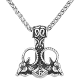 LOBON Viking Thor Hammer Mjolnir Necklace for Men Women Fashion Stainless Steel Nordic Mythology Wolf Goat Head Amulet Pendant Jewelry