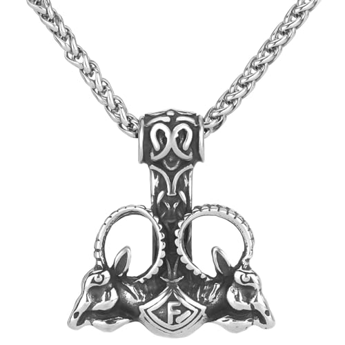 LOBON Viking Thor Hammer Mjolnir Necklace for Men Women Fashion Stainless Steel Nordic Mythology Wolf Goat Head Amulet Pendant Jewelry