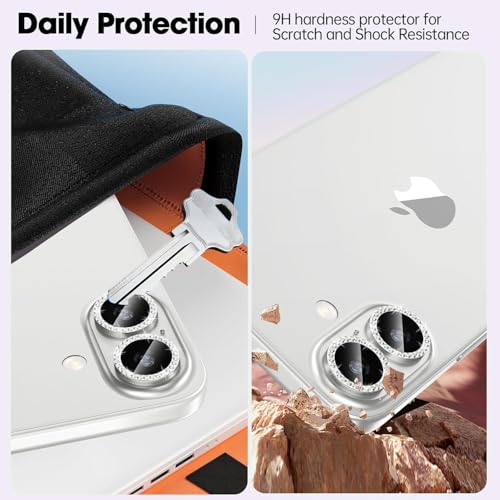 Image of CLITZ for iPhone 16 /16 Plus Camera Lens Protector Bling Individual Metal Diamond Ring 9H Hardness Scratchproof Protector, Stylish Phone Accessories, Case Friendly (Silver Diamond)
