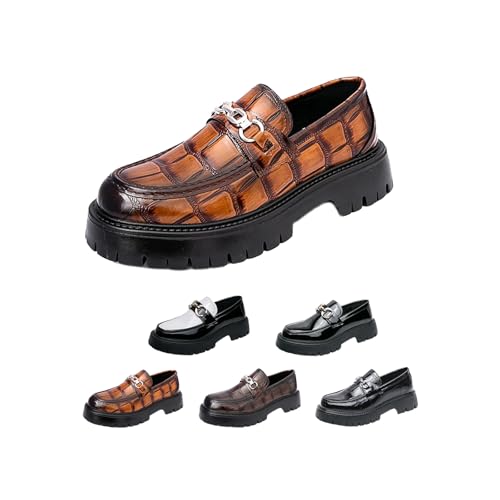 Men's Leather Printed Platform Slip-On Penny Loafers, Comfortable Slip-On Non-Slip Business Work Formal Shoes for Work, School, Party