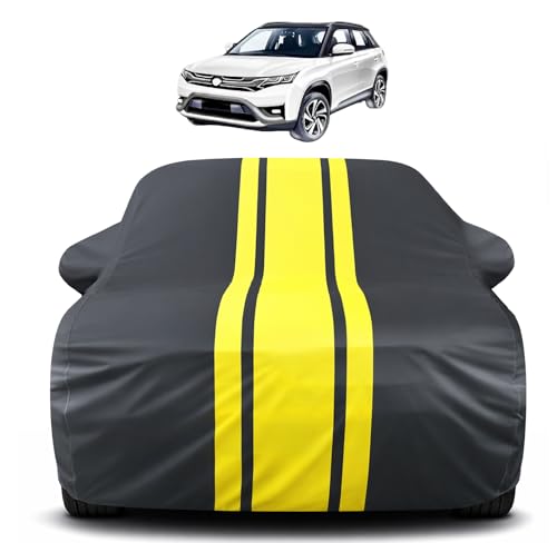 Image of Auto Hub Car Cover Compatible with Maruti Brezza (Model : 2022-Till Date) with Mirror Pocket, Soft Cotton Lining, Brezza Car Cover Waterproof - Yellow-Black
