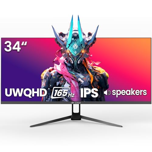 CRUA Black 34″ Ultrawide Gaming Monitor, 3440×1440 WQHD IPS Screen, 165Hz/144Hz Refresh Rate, Adaptive FreeSync, Built-in Stereo Speakers, 120% sRGB Colour, PIP/PBP, HDMI 2.0 & DP 1.4, Wall-Mount