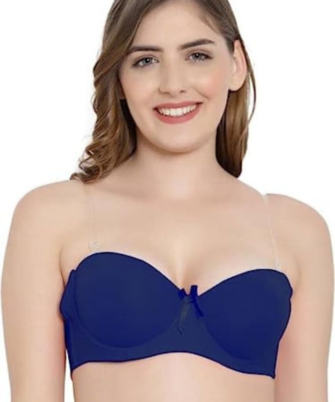 Image of Brachy Women Cotton Nylon Spandex Padded Underwire Strapless Backless Invisible Clear Transparent Back Push up Bra with (Free Extra Transparent Strap)