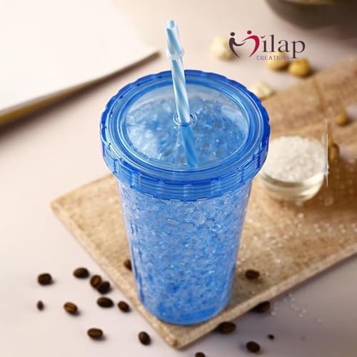 Image of Double Wall Insulated Tumbler with Lid and Straw, 500ml, Icecream Cold Drink Cup, Plastic Mug Bottle Jelly Sipper Gel Feezer Gift for Kids Multicolor (Large, 1, Count)