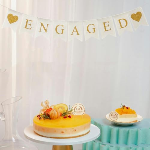 Image of Burlap Engaged Banner Sign, White and Gold | Prestrung, Adjustable, Reusable, Rustic Engagement Party Decorations