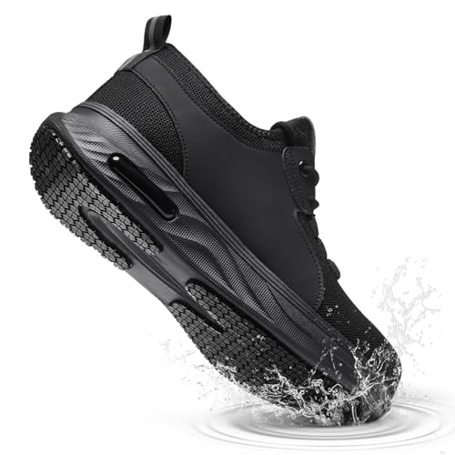 Steel Toe Shoes for Women Non Slip Waterproof Wide Lightweight Safety Sneakers Puncture Proof Indestructible Construction Work Shoes for Warehouse Factory Zapatos Punta de Acero para Hombres Black