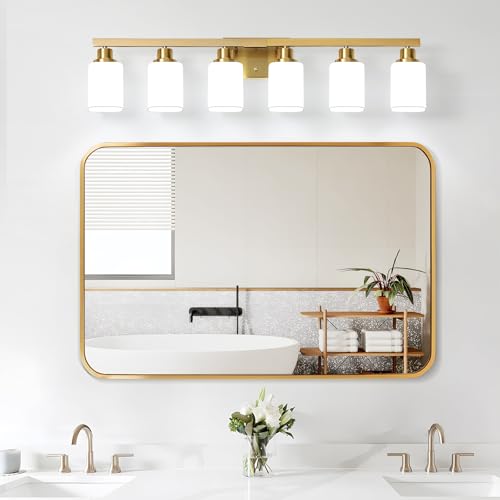 Image of Brushed Gold Bathroom Vanity Light,6-Light Bathroom Light Fixtures with Square Frosted Glass,Gold Bathroom Wall Lamp Sconces for Mirror Bedroom,Living Room Hallway,E26