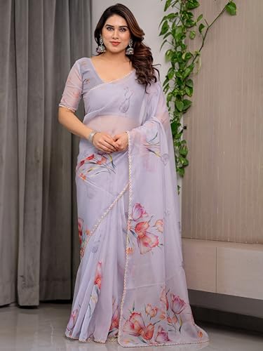Image of ALMAARI FASHIONWomen's Floral Printed Organza Saree with Unstitched Blouse Piece | Traditional Ethnic Wear Sarees | Soft Lightweight Ethnic Office Wear Daily Wear Indian Sari (ORGANZA 121-130 H)