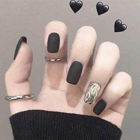 Sethain Matte Square False Nails Tips Black Silver Short Ripple Fake Nails Full Cover 24PCS Press on Nail for Women and Girls Cover