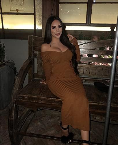 Women's Casual Off Shoulder Long Sleeves Slim Knit Bodycon Sweater Dress Midi Pencil Dress. - Image 6