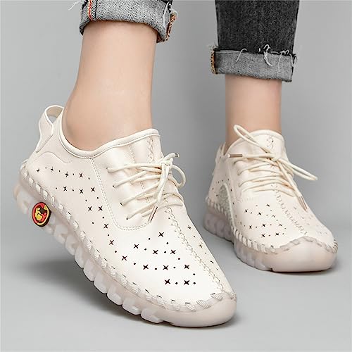 Image of Women'S Hollow Leather Lace Up Flat Loafers,Lightweight Breathable Casual Comfort Non-Slip Walking Shoes Handmade Beef Tendon Soft Sole Mom Nurse Shoes