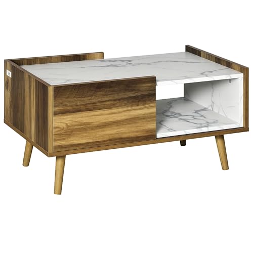 HOMCOM Mesa de Centro para Salón con Cajón y Estante Abierto Mesa de Café Industrial con Encimera de Mármol y Patas Elevadas de Madera 80x45x40,5 cm Marrón Rústico y Blanco