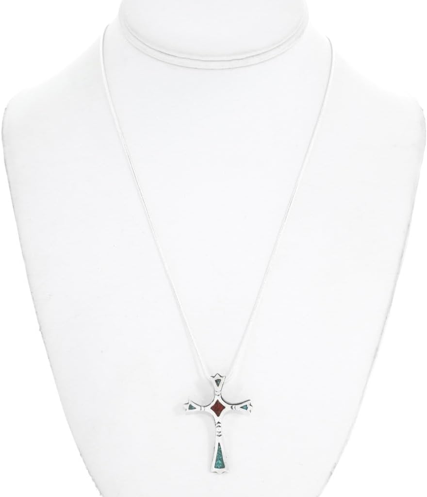 Alltribes Small Navajo Turquoise Coral Sterling Cross Pendant Inlaid Pattern With Silver Chain 0024