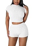 Akmipoem Short Sets Women 2 Piece Outfits Sexy Bubble Tracksuits Sleeveless Crop Tops Shorts Workout Set White XL