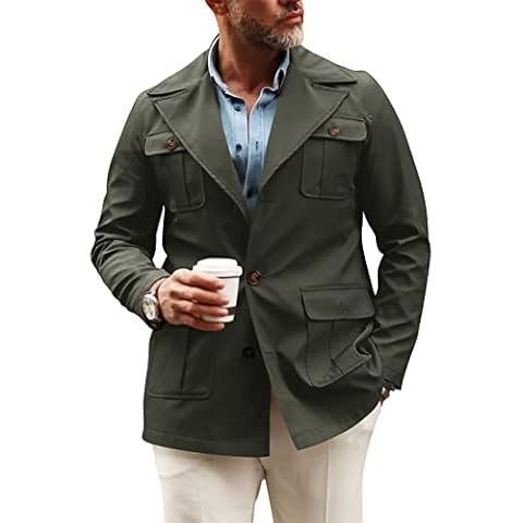 Pretifeel Mens Lightweight Safari Jacket Casual Military Button Up Multi-Pocket Cargo Coat Outwear Cover