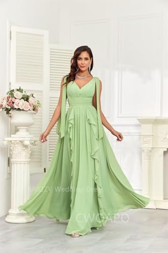 CWOAPO Ruffles Mother of Bride Dresses for Women Long Chiffon V Neck Ruched Empire Waist Formal Evening Gowns2