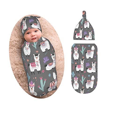 Image of Cartoon Llama Newborn Swaddle Blankets Beanie Hat Sets Soft and Stretchy Baby Blanket Swaddle Sleep Sacks for Baby Shower Infant Boy and Girl