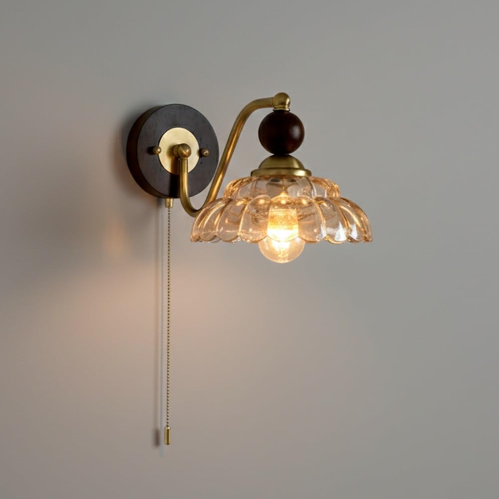 Aplique de pared retro con base de madera de fresno oscuro y cristal ámbar E14