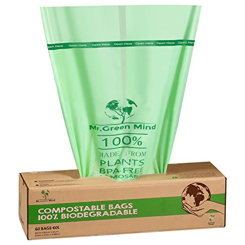 Mr. Green Mind Bio-bolsas de 50/60 litros - 60 bolsas de basura biodegradables – 60 x 80 cm - Bolsas de basura 100% compostables - Dispensador incl. - Bolsas de basura gft