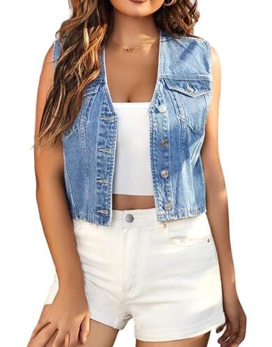 LifeShe Women's Cropped Denim Vest Top Casual V Neck...