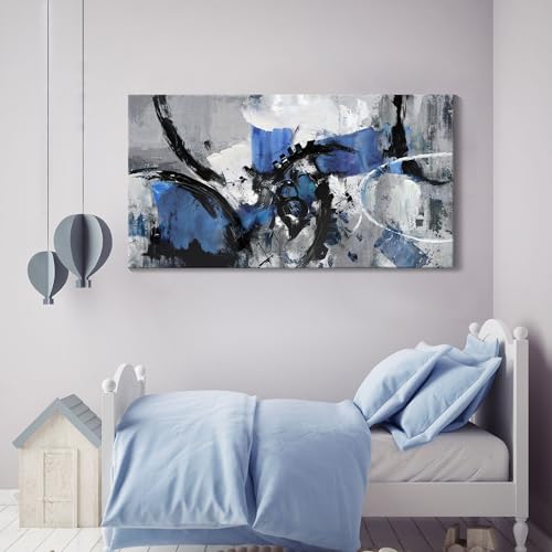Image of Abstract Canvas Wall Art: Large Wall Art Paintings for Living Room, Modern, Framed Artwork in Blue and Black -Bedroom, and Office Decorations for Work - Pictures for a Stylish Wall Decor