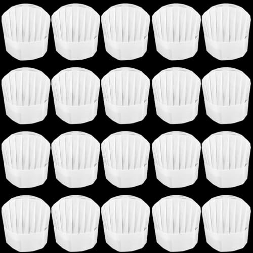 Biluer Juego de 20 gorros de cocinero desechables, de tela no tejida, gorro de cocina ajustable, para el hogar, cocina, restaurantes, alimentos, ocasiones, clases y fiestas (23 x 29 cm), Blanco, 60