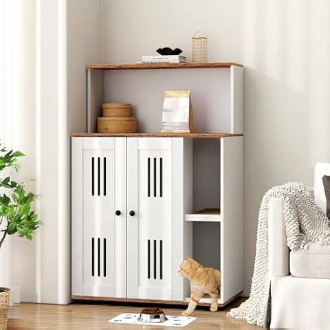Rovibek Cat Litter Box Enclosure for 2 Cats, Cat Litter Box Furniture Hidden with Storage, Cat Litter Cabinet, Double Litter Box Enclosure with Scratch Mat, Fit Most of Litter Box, White Cover