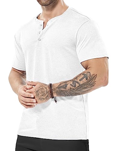 ICEMOOD Mens Dry Fit Shirt Henley Neck Slim Fit T Athletic Gym Workout Tshirt Short Sleeve 3 Button Up Casual Basic Tee Quick Dry Performance Cool Tech Polo Moisture Wicking Summer,White,Large