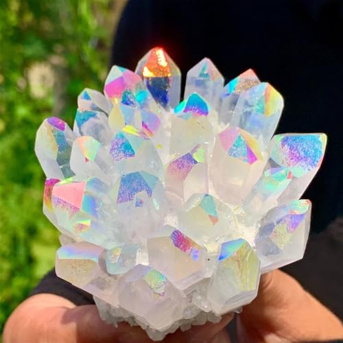 WAHOM Bellissimo Grappolo di Cristal curativo al Quarzo Placcato in Titanio con Fiamma Arcobaleno Naturale(180-200g)