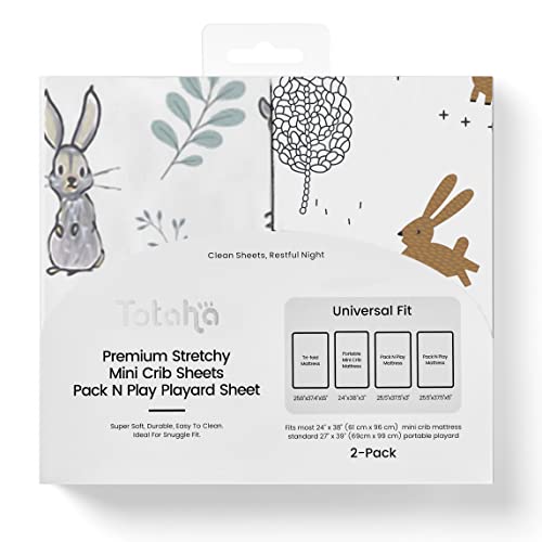 Image of TotAha Premium Stretchy Pack N Play Playard Sheets | Mini Crib Sheets (2-Pack) -Hypoallergenic, Silky Comfort, Buttery Soft, Calming Effect, All-Season Jersey-Knit (Rabbit Orangutan & Woodland)