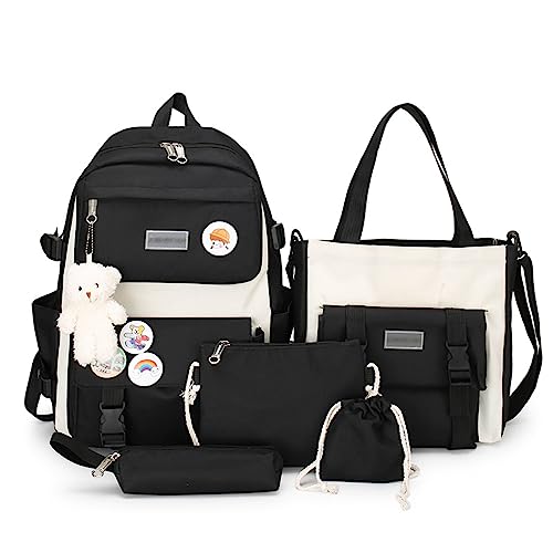 Kawaii Backpack with Kawaii Pins and Accessories 5Pcs Cute Aesthetic Backpack Set Women Lightweight Casual Daypack (Black,One Size)