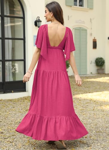 Image of Kikibell Women Summer Dresses Sexy V-Neck Maxi Dress Tiered Silhouette with Flutter Sleeve Backless Elastic Waist Flowy Dress
