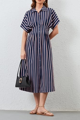 Image of Women's Striped Button Front Pleated Maxi Shirts Dress Short Sleeve Collar V Neck Summer Casual Corset Long Dress