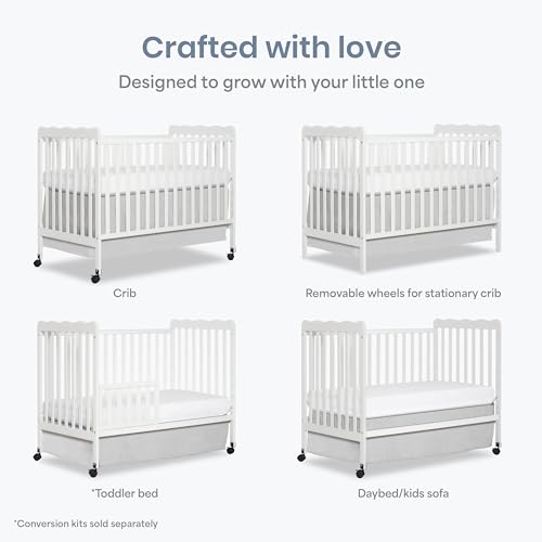 Image of Dream On Me Full Size Carson 3-in-1 Convertible Baby Crib, Locking Wheels | Portable & Converts to Toddler Bed & Daybed, 3 Adjustable Height, Wooden Crib, GREENGUARD Gold & BSA Verified, White